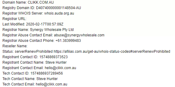 Clikk's Domain information from AUDA.org.au